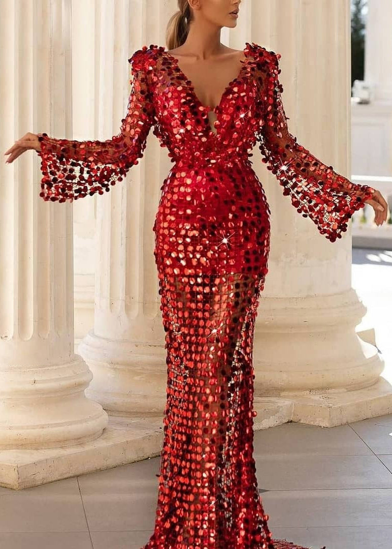 Sequin Deep V-Neck Bell Sleeve Sheer Mermaid Gown