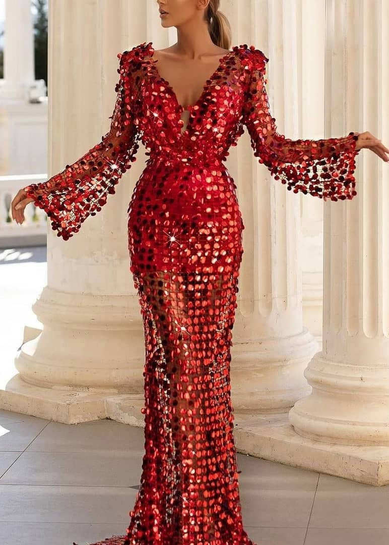 Sequin Deep V-Neck Bell Sleeve Sheer Mermaid Gown