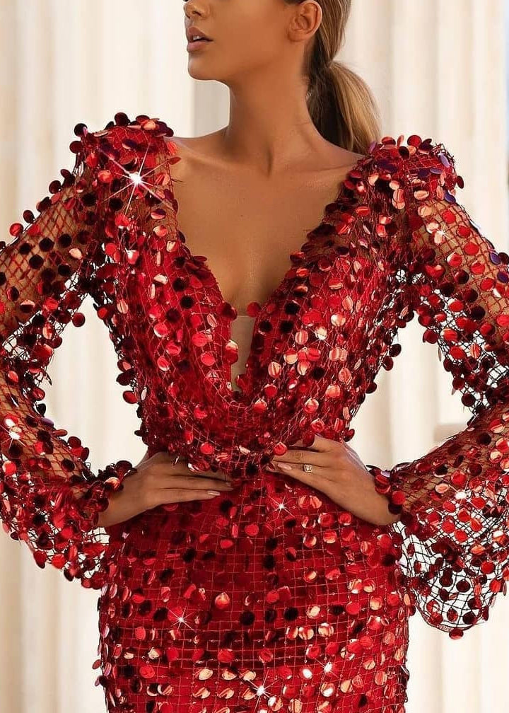 Sequin Deep V-Neck Bell Sleeve Sheer Mermaid Gown