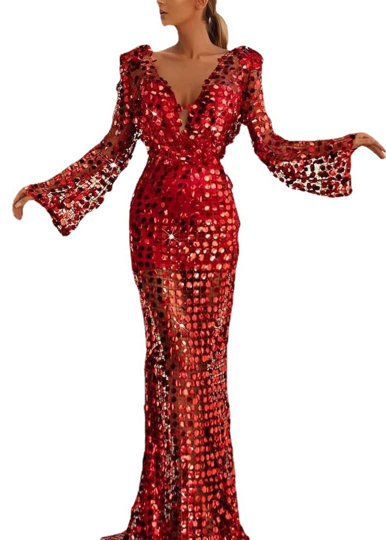 Sequin Deep V-Neck Bell Sleeve Sheer Mermaid Gown
