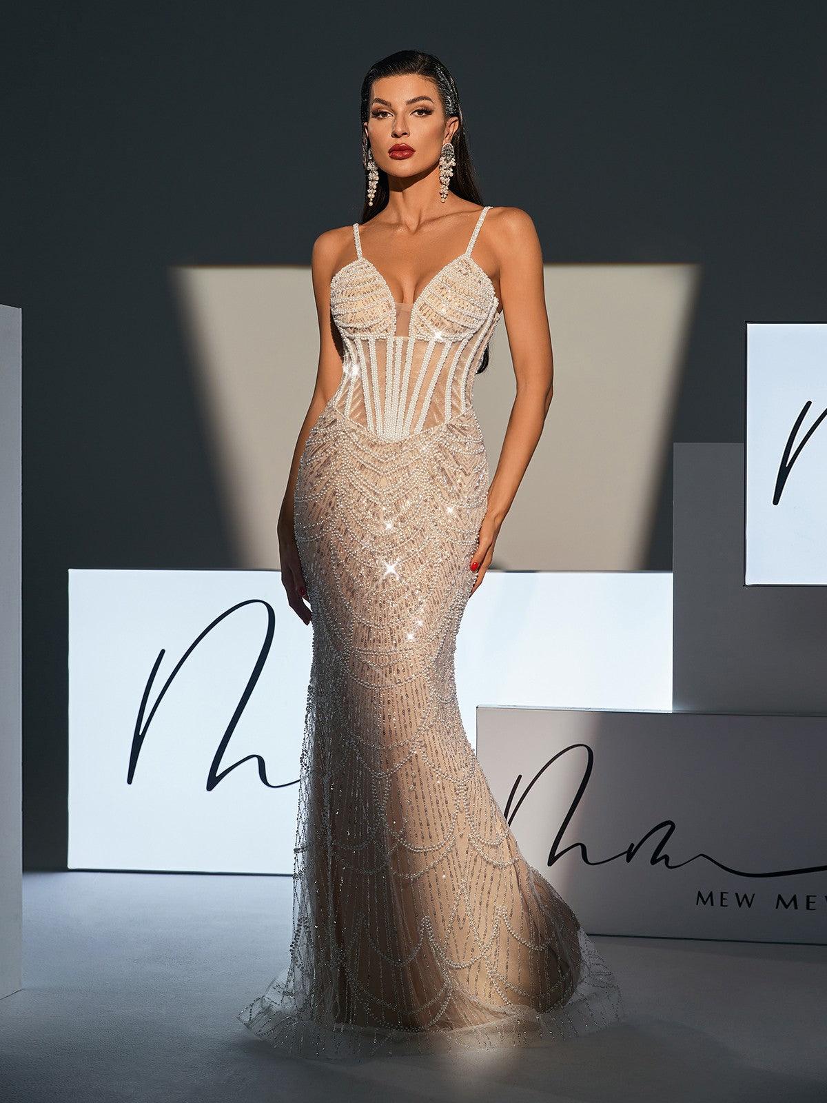 Spaghetti Strap Sweetheart Corset Pearl Beaded Sequin Mermaid Gown