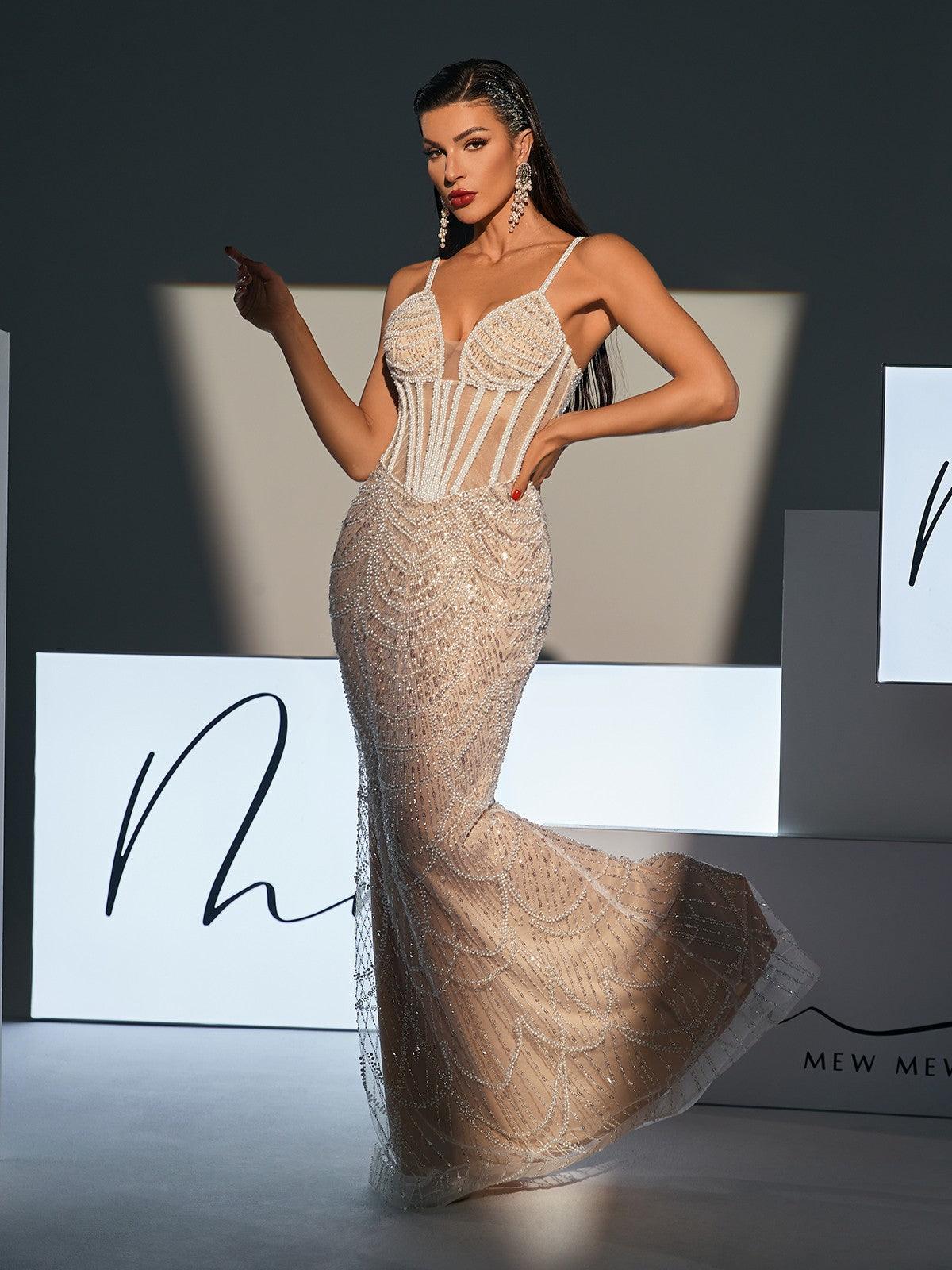 Spaghetti Strap Sweetheart Corset Pearl Beaded Sequin Mermaid Gown