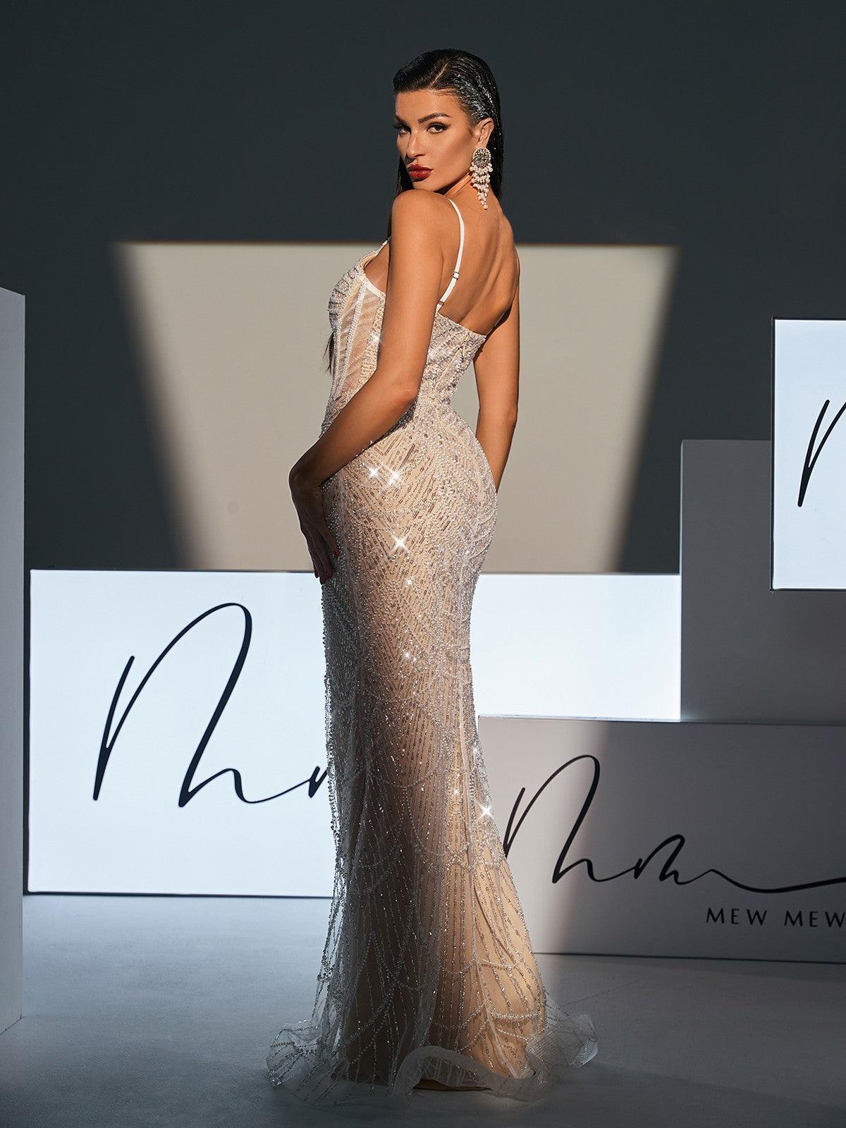 Spaghetti Strap Sweetheart Corset Pearl Beaded Sequin Mermaid Gown