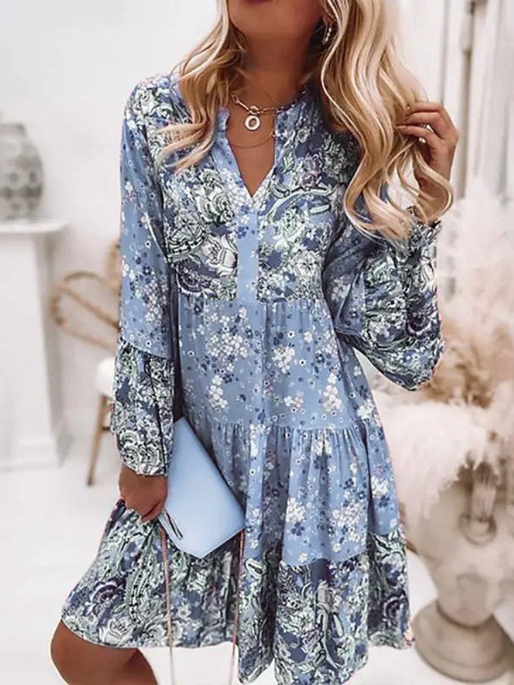 V-Neck Mandarin Collar Tiered Bell Sleeve Long Sleeve Summer Midi Dress