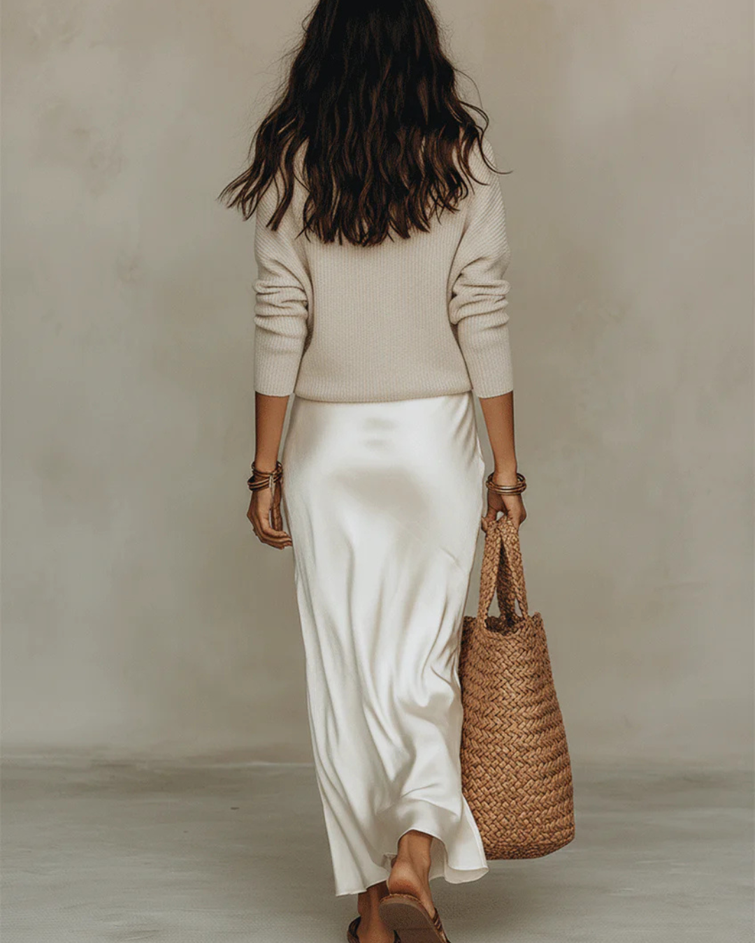 V-Neck Long Sleeve Knit Sweater and Satin Slip Maxi Skirt Two Piece Set