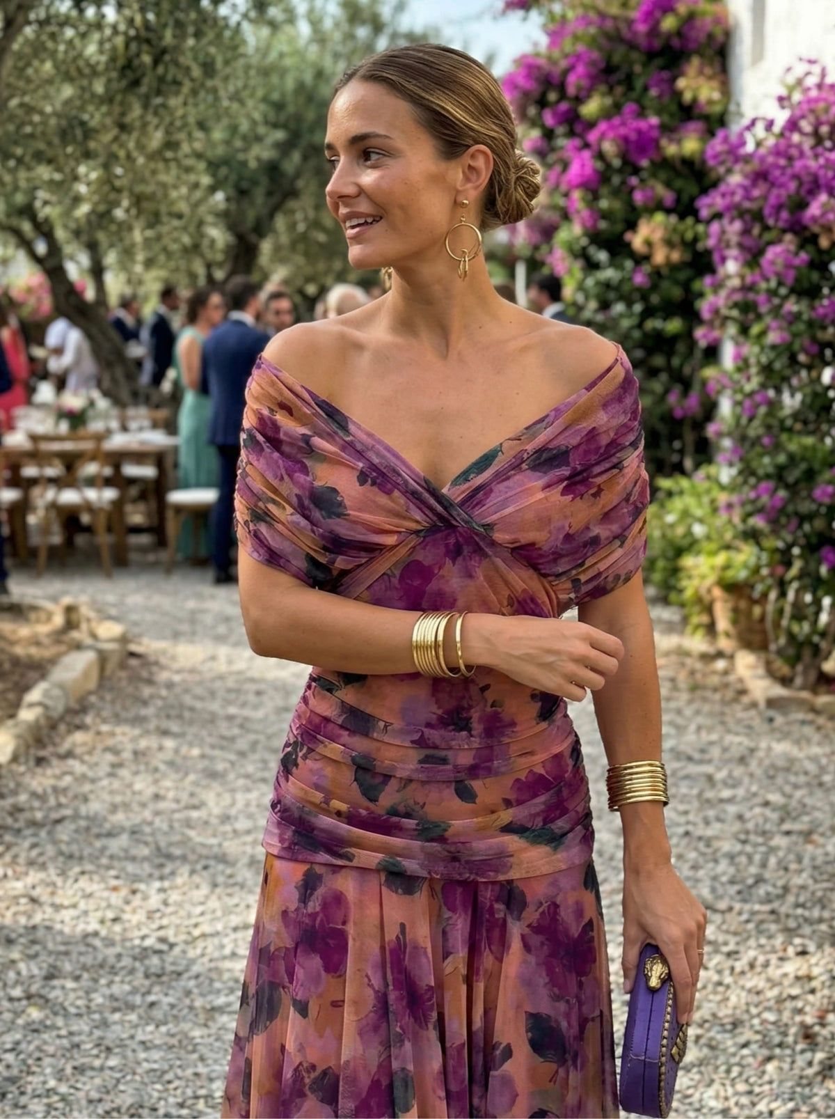 Floral Chiffon Off Shoulder Ruched Wedding Guest Dress