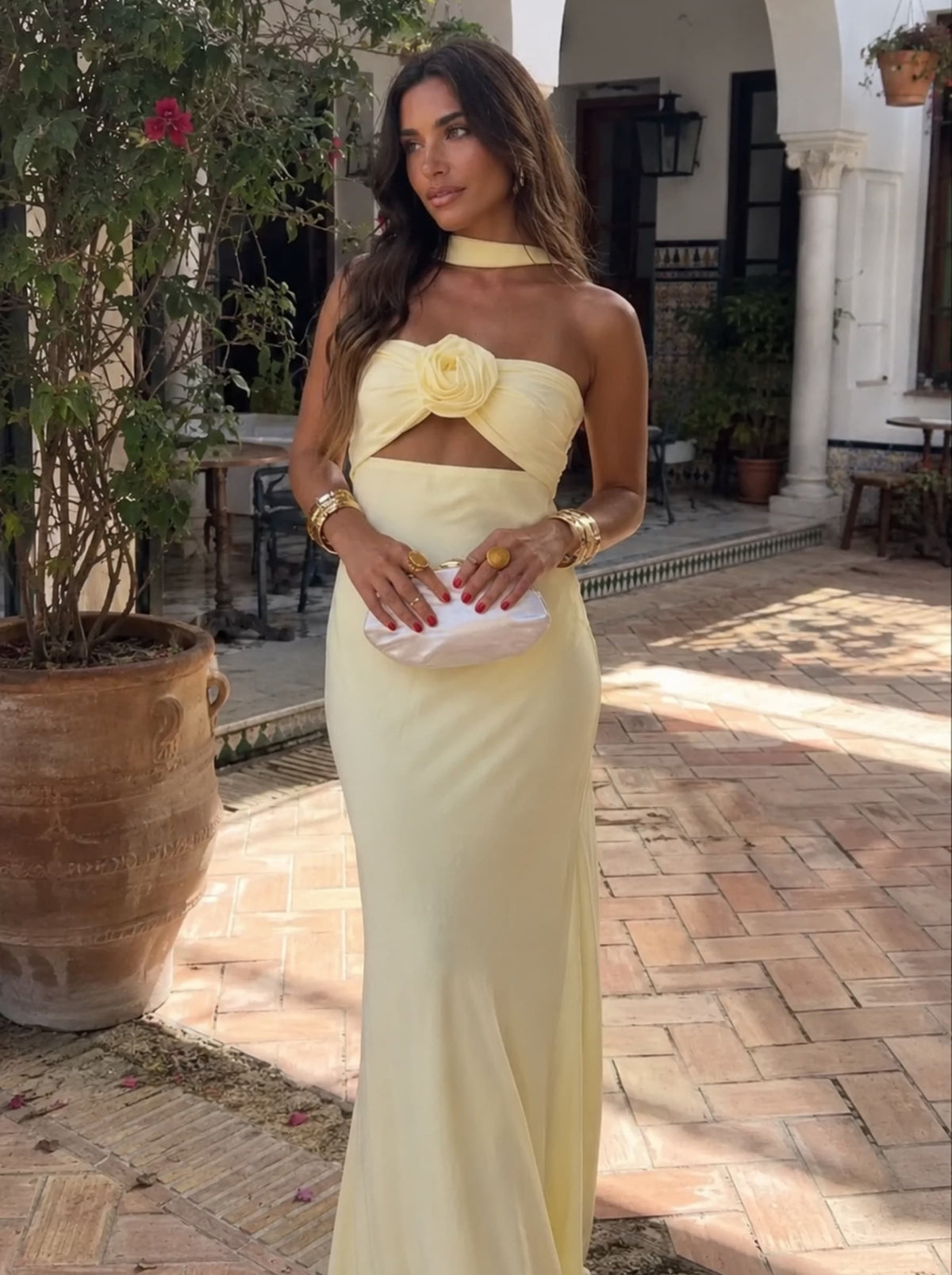Halter Neck Rosette Appliqué Cut Out Mermaid Maxi Dress