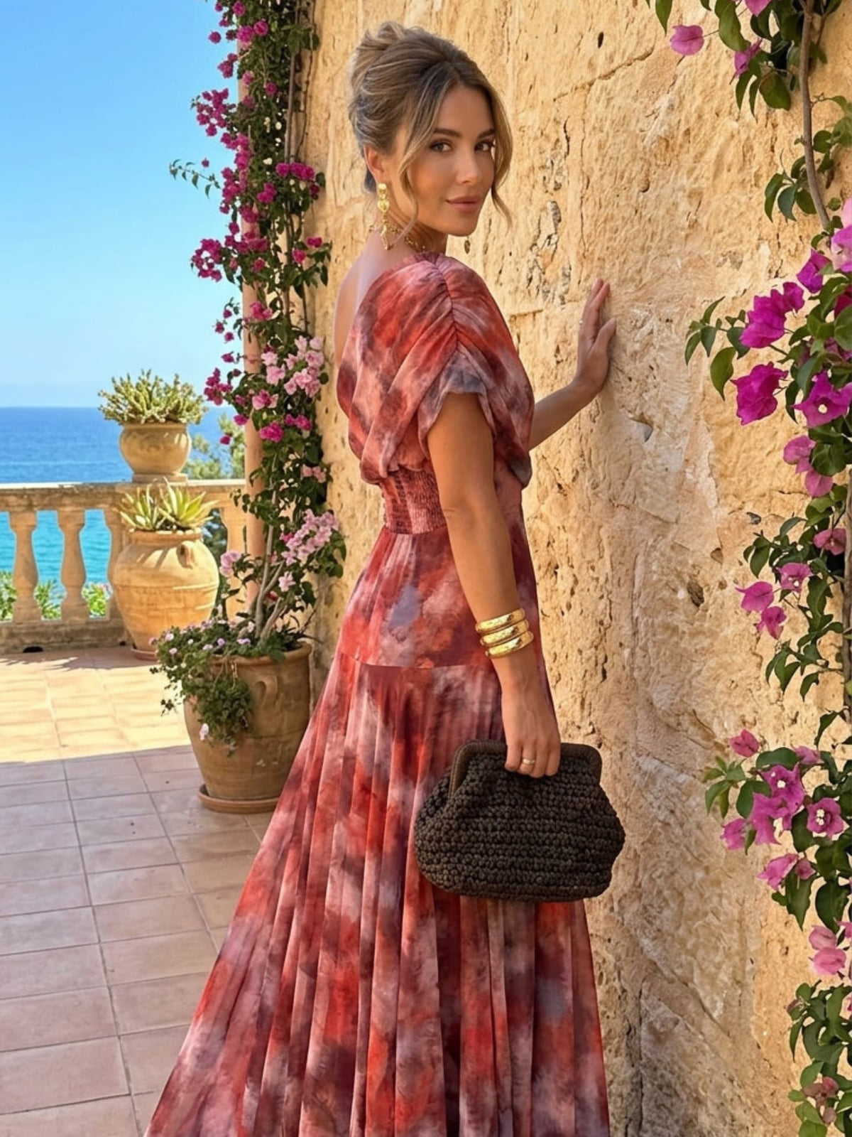 Abstract Print One Shoulder Ruched Flared Maxi Dress