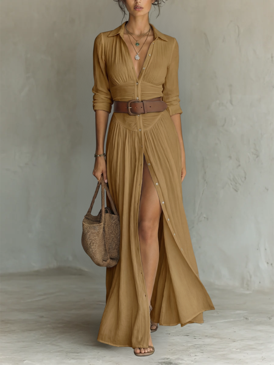 Long Sleeve Button Front High Split Collared Maxi Shirt Dress