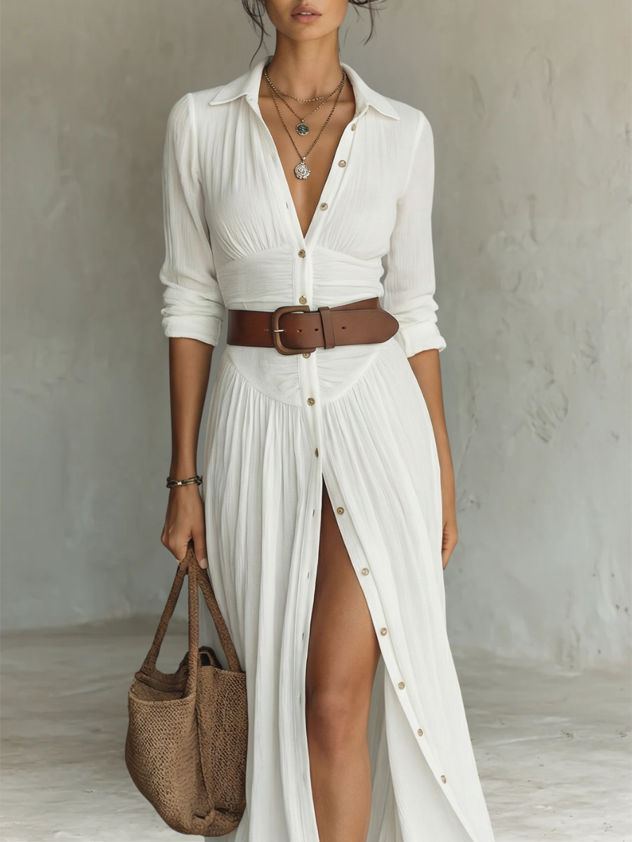 Long Sleeve Button Front High Split Collared Maxi Shirt Dress