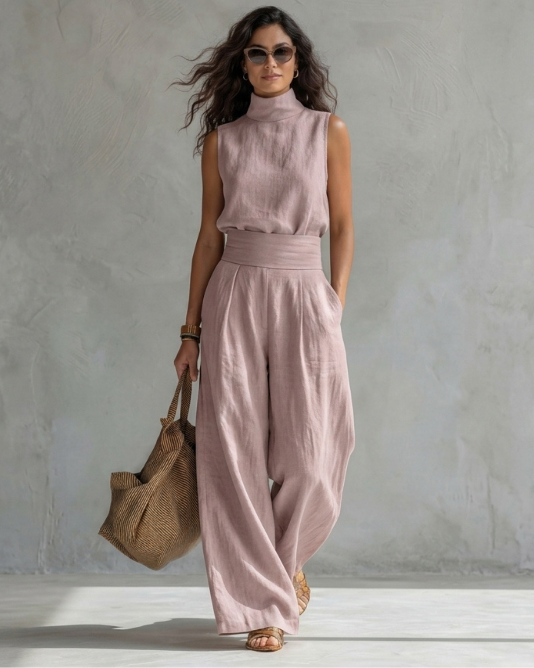 Sleeveless Turtleneck Top and Pleated Wide Leg Pants Two Piece Set