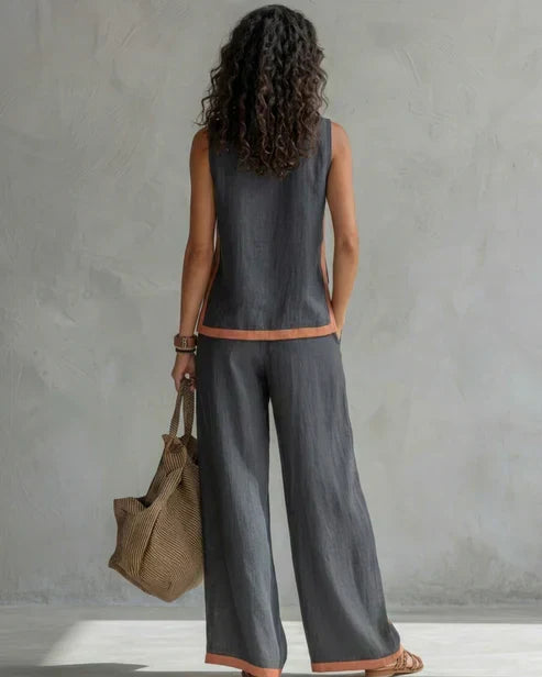 Sleeveless Contrast Trim Top and Wide Leg Pants Two Piece Set