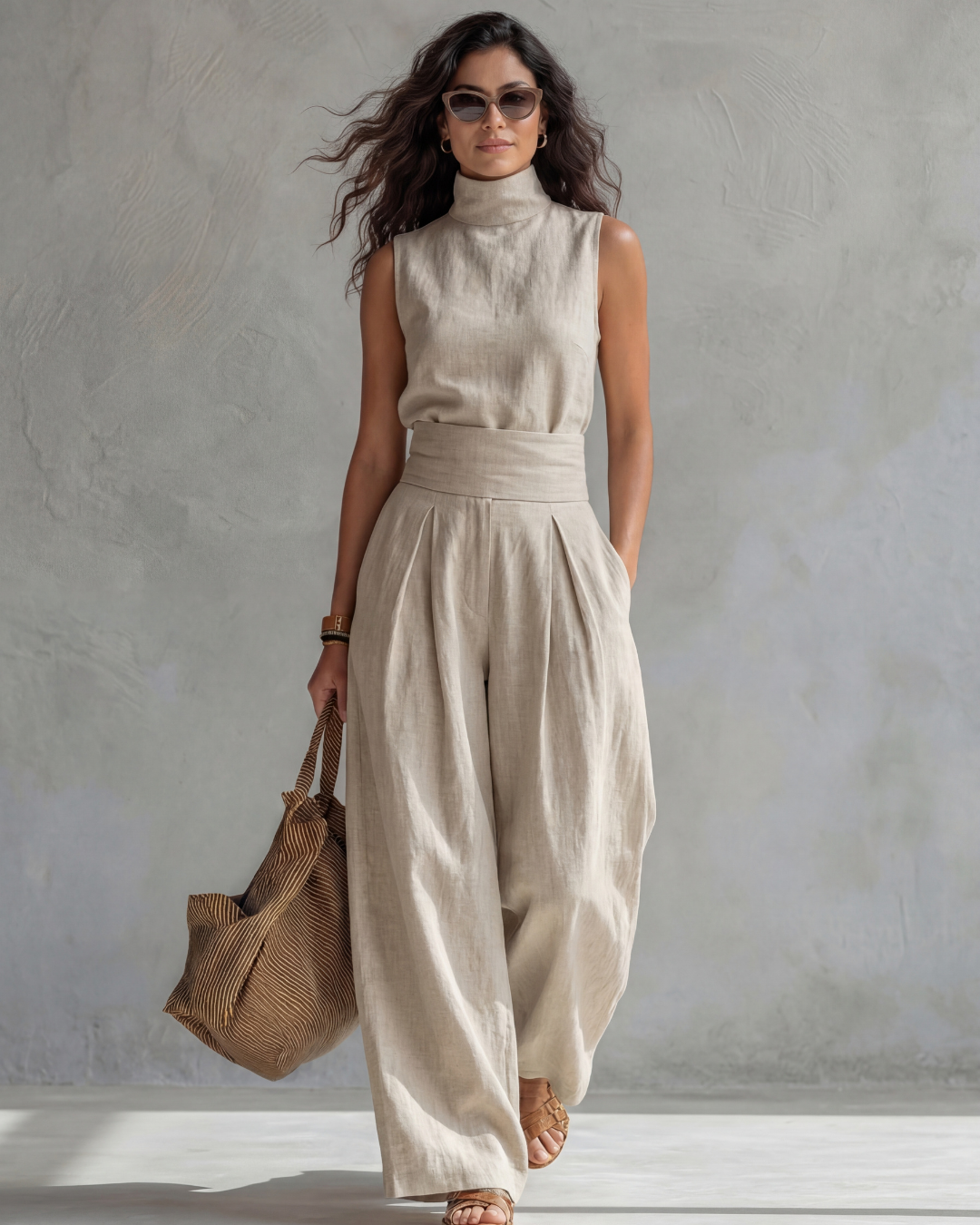Sleeveless Turtleneck Top and Pleated Wide Leg Pants Two Piece Set