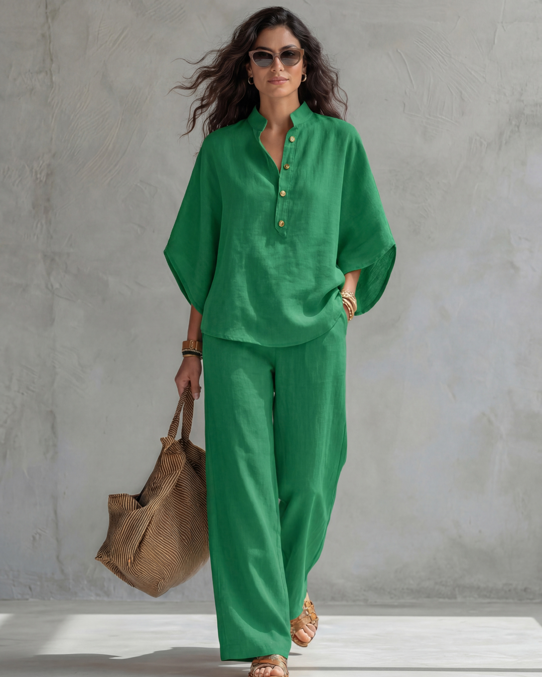 Mandarin Collar Half Sleeve Top and Wide Leg Pants Two Piece Set