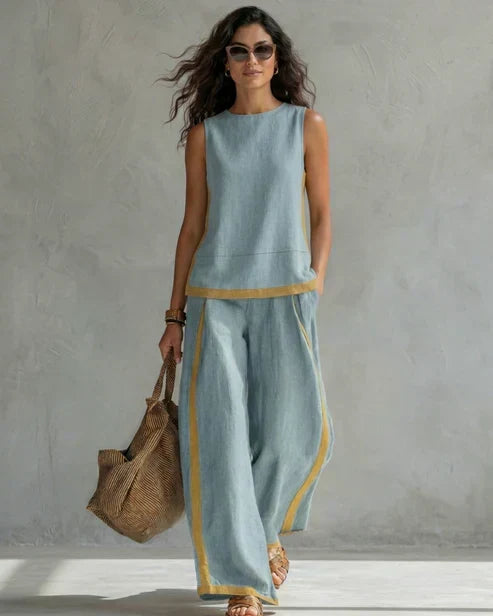 Sleeveless Contrast Trim Top and Wide Leg Pants Two Piece Set