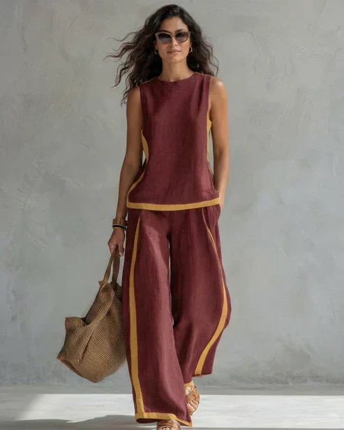 Sleeveless Contrast Trim Top and Wide Leg Pants Two Piece Set