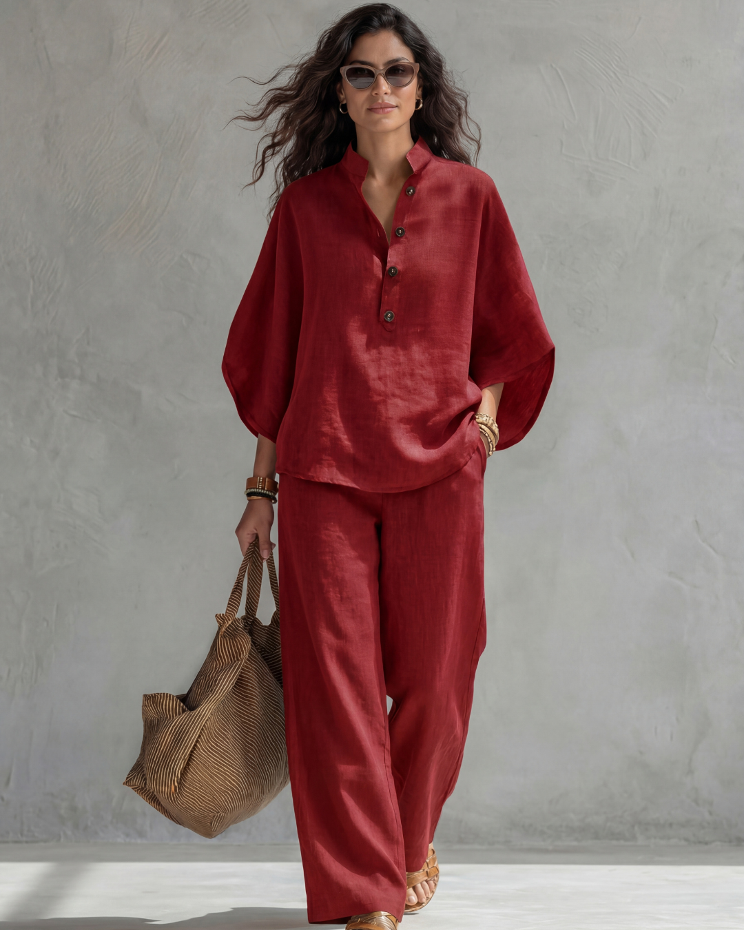 Mandarin Collar Half Sleeve Top and Wide Leg Pants Two Piece Set