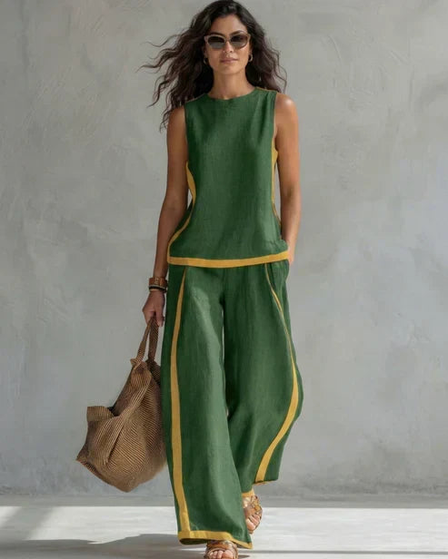Sleeveless Contrast Trim Top and Wide Leg Pants Two Piece Set