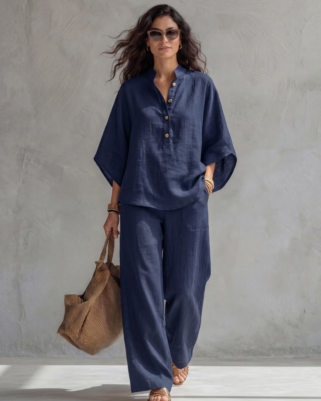 Mandarin Collar Half Sleeve Top and Wide Leg Pants Two Piece Set