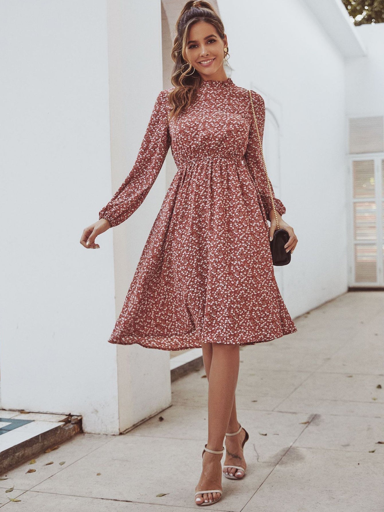 Disty Floral Mock Neck Elastic Wasit Dress