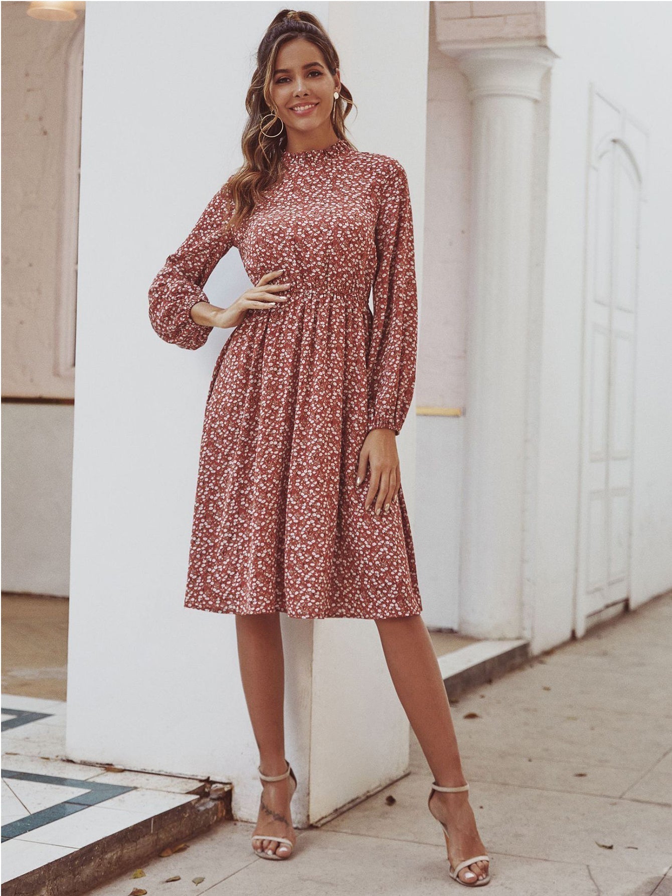 Disty Floral Mock Neck Elastic Wasit Dress