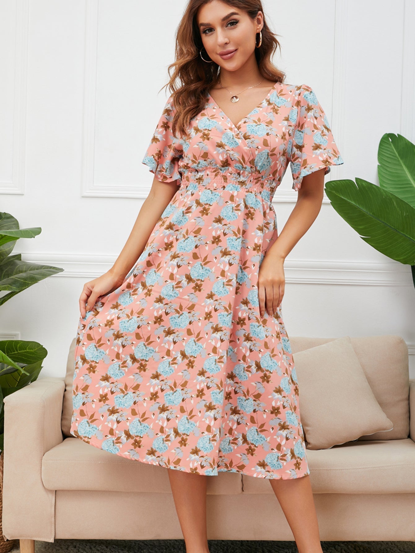Disty Floral Smocked Waist Back Detail Dress