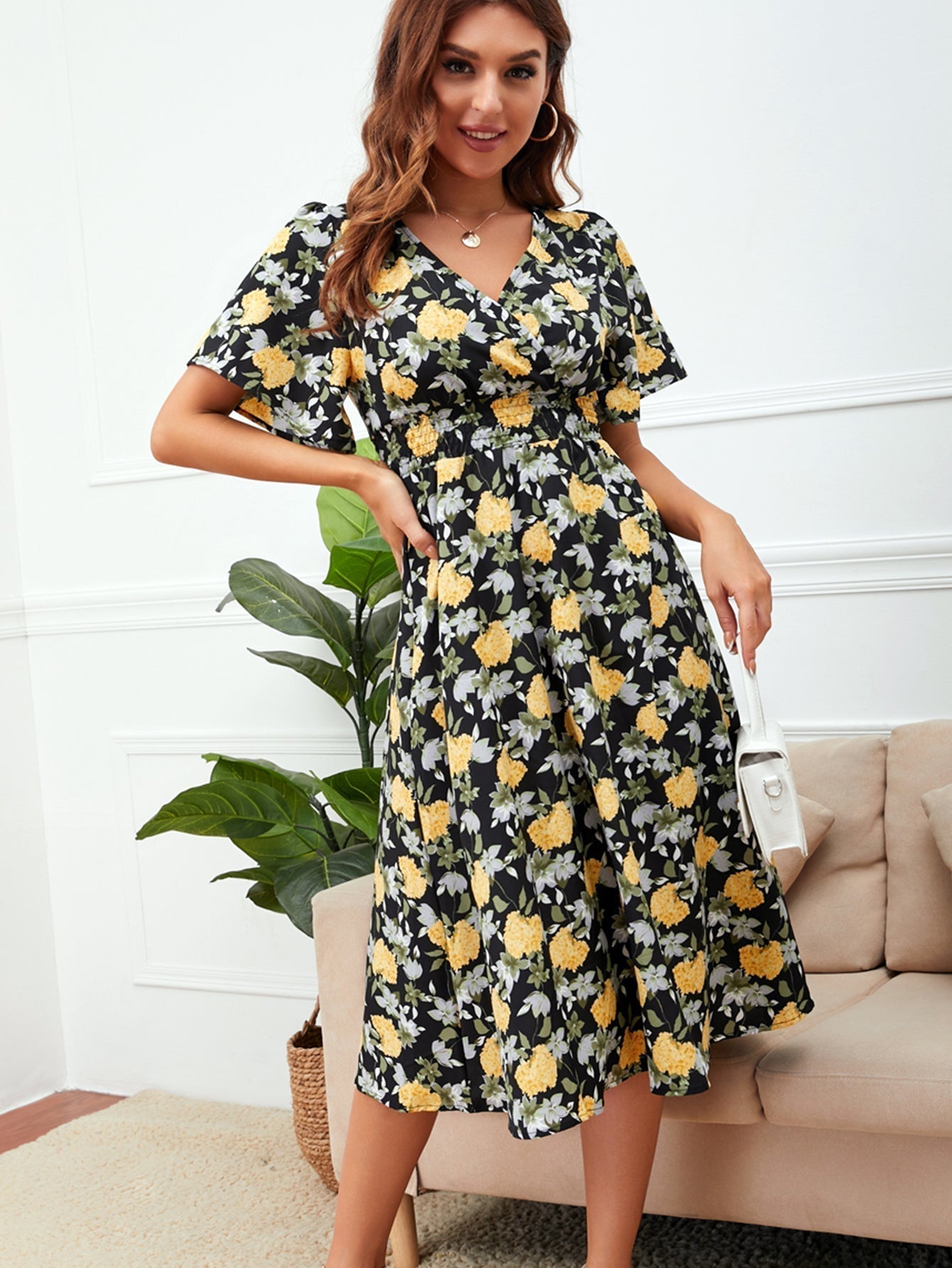 Disty Floral Smocked Waist Back Detail Dress