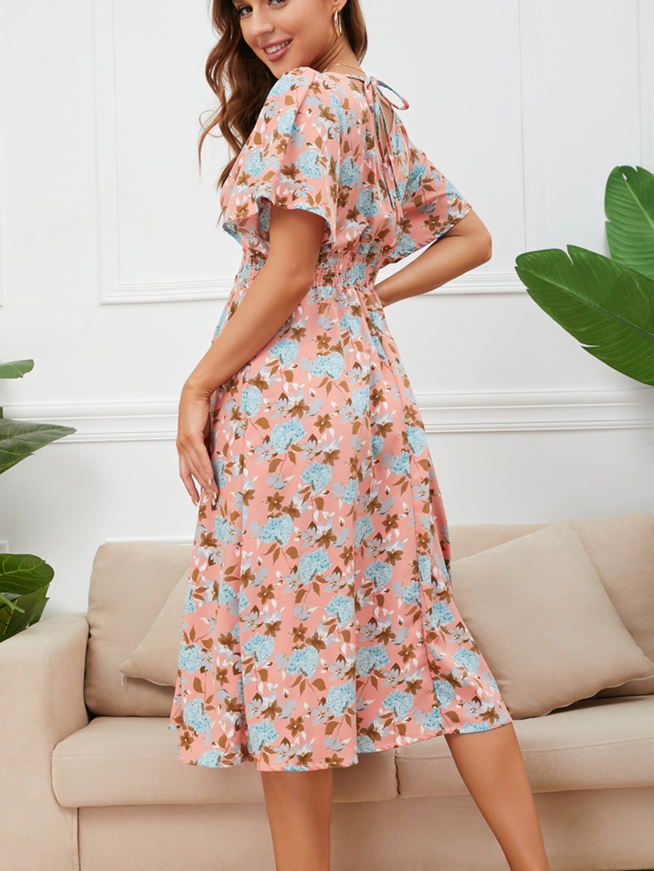 Disty Floral Smocked Waist Back Detail Dress