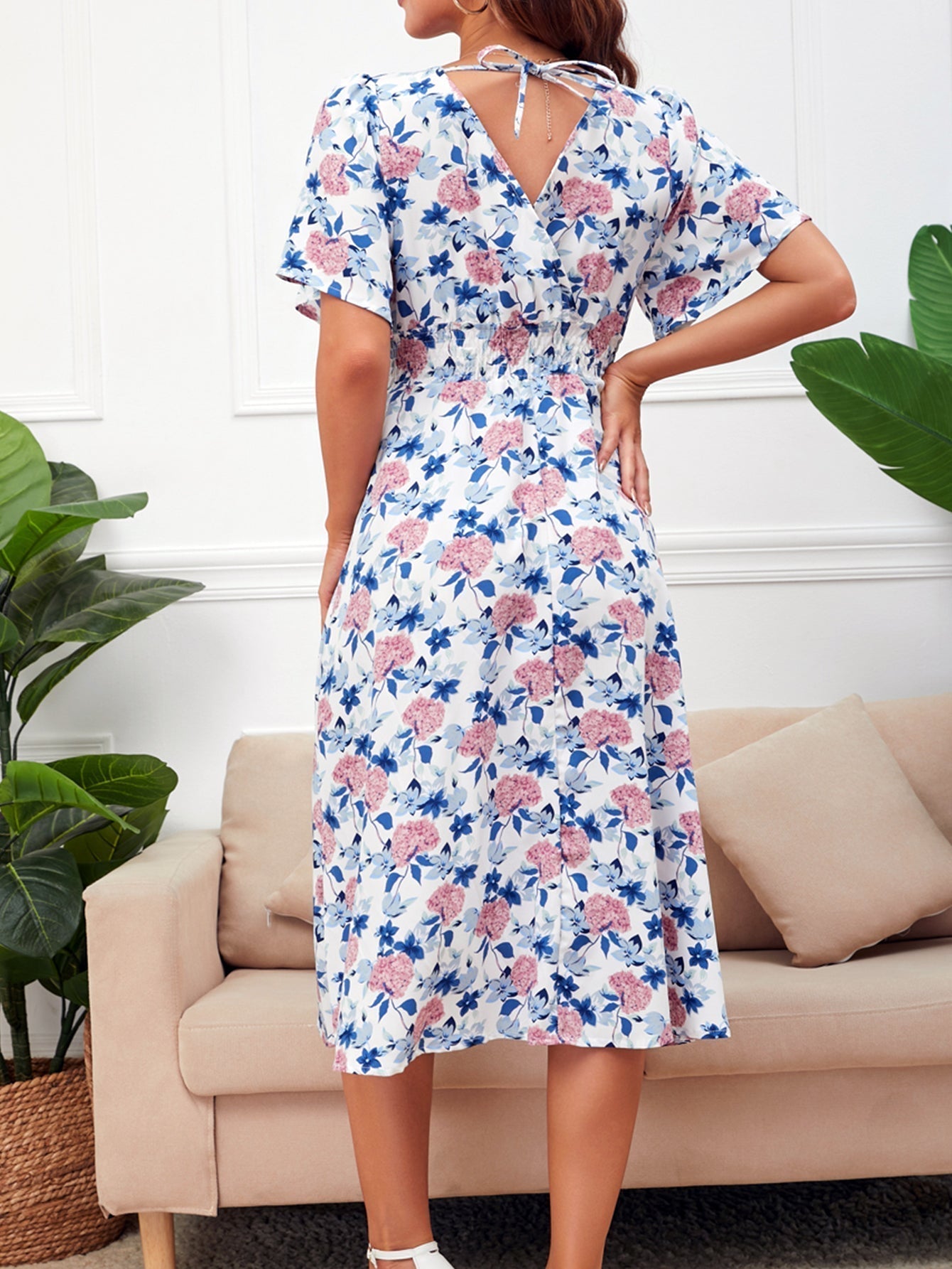 Disty Floral Smocked Waist Back Detail Dress