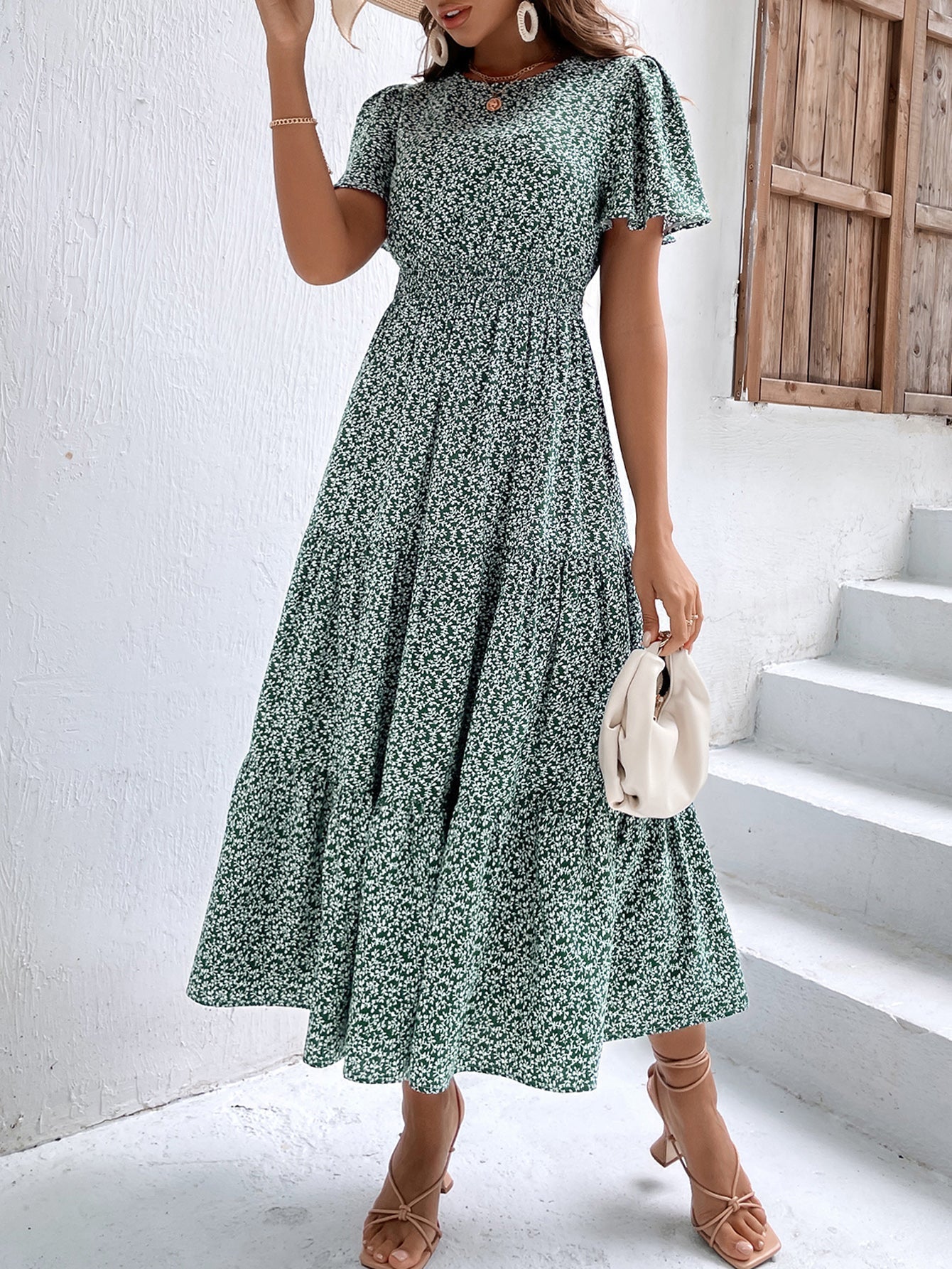 Ditsy Floral Print Shirred Waist Ruffle Hem Dress