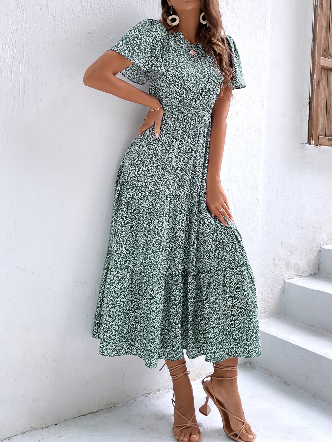 Ditsy Floral Print Shirred Waist Ruffle Hem Dress