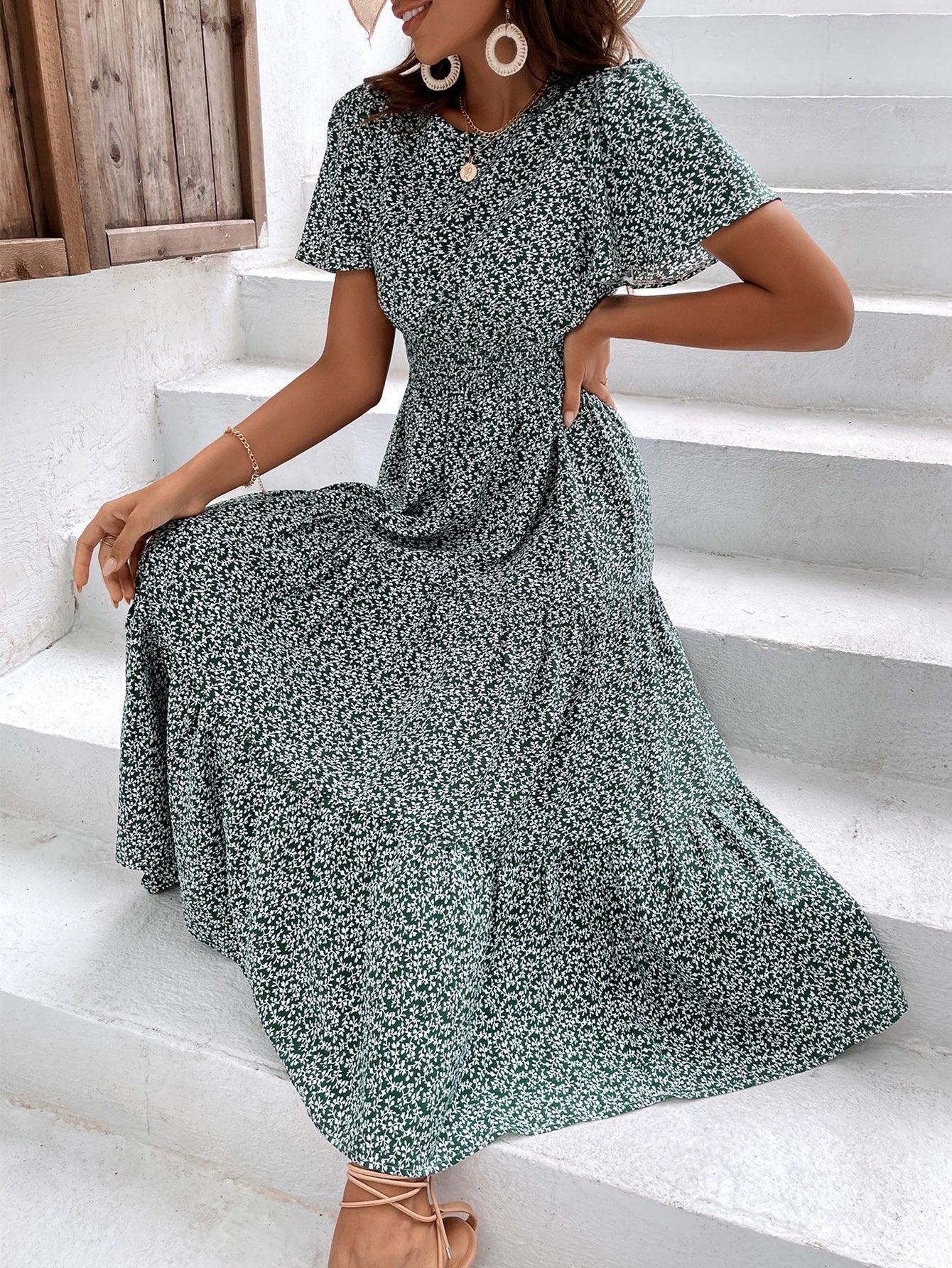 Ditsy Floral Print Shirred Waist Ruffle Hem Dress