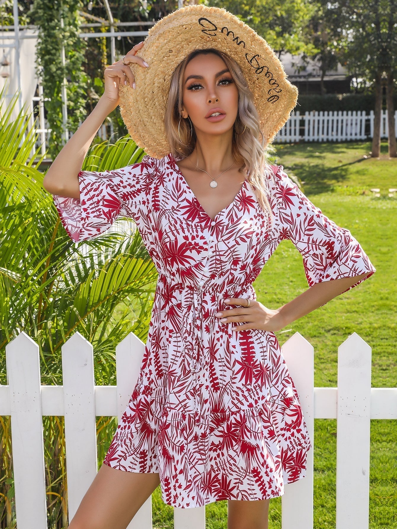 Ditsy floral print V neck Flutter Sleeve Belted Dress
