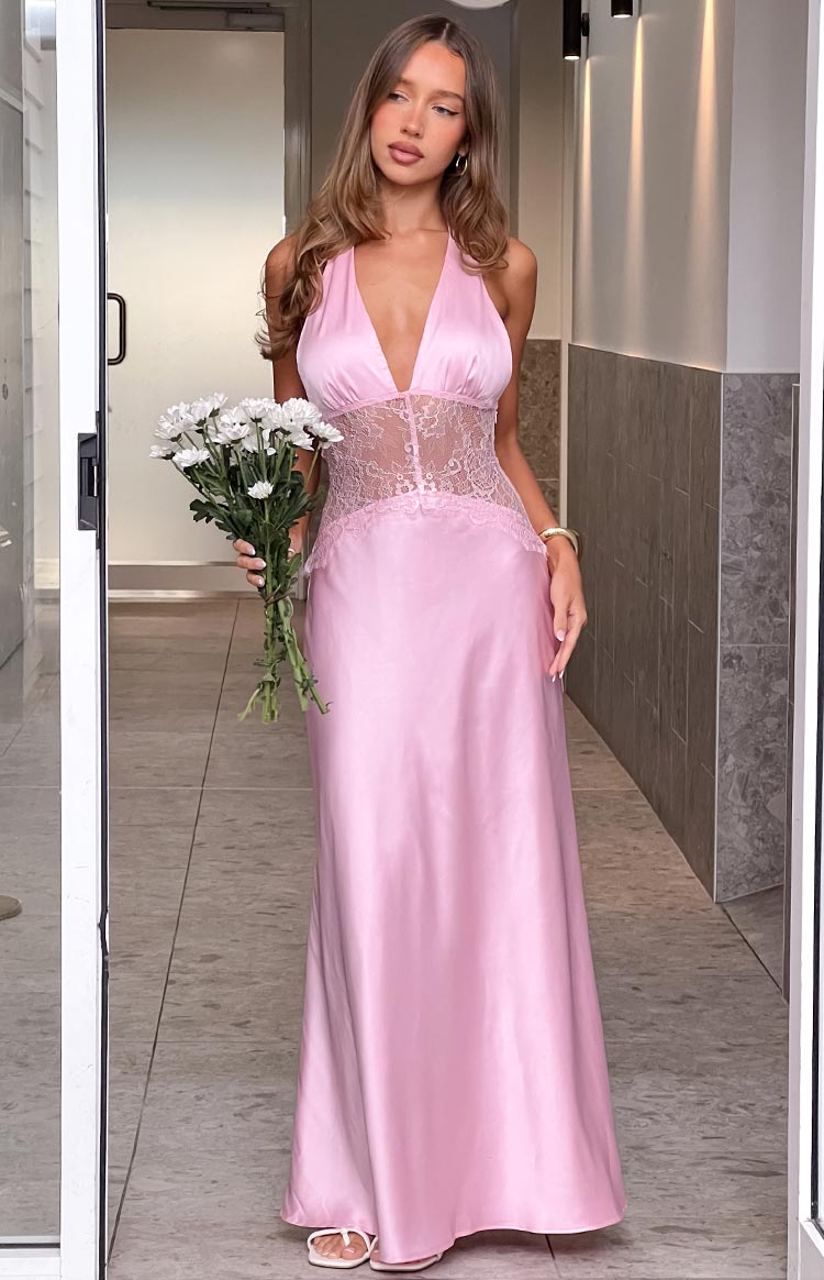 Satin Halter Neck Deep V Lace Waist Maxi Dress