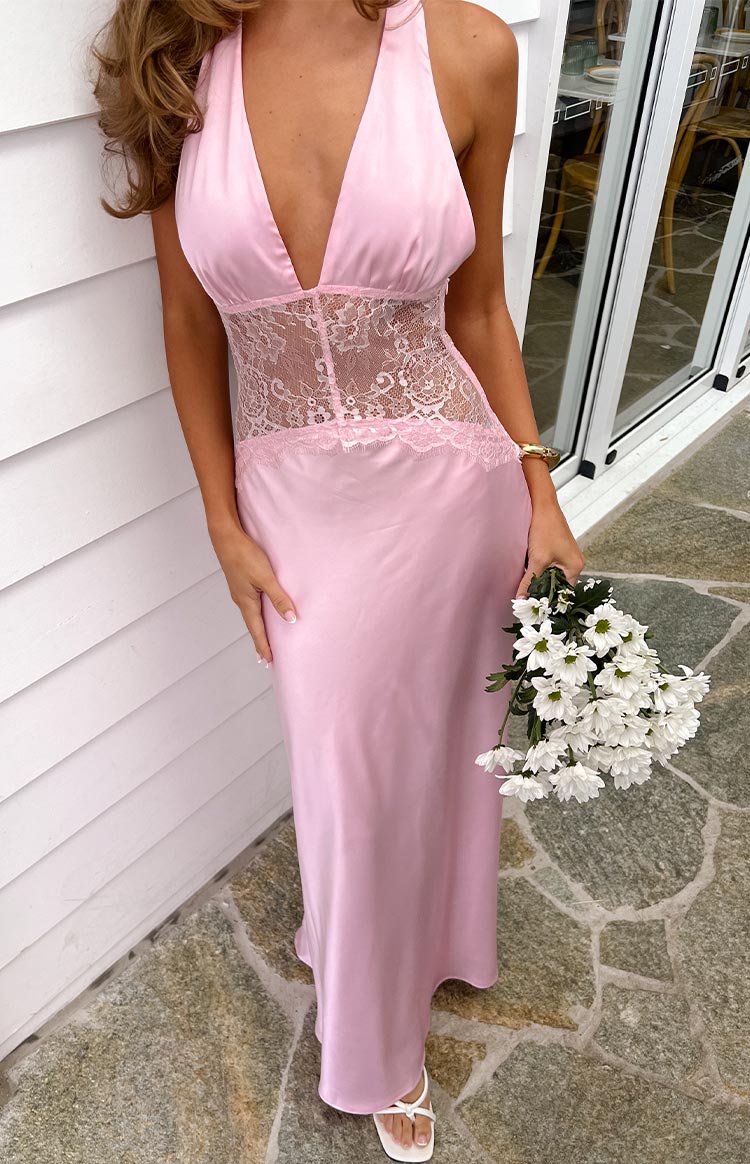 Satin Halter Neck Deep V Lace Waist Maxi Dress 8