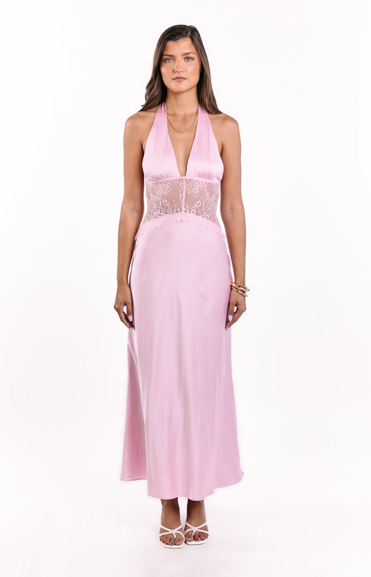 Satin Halter Neck Deep V Lace Waist Maxi Dress 3