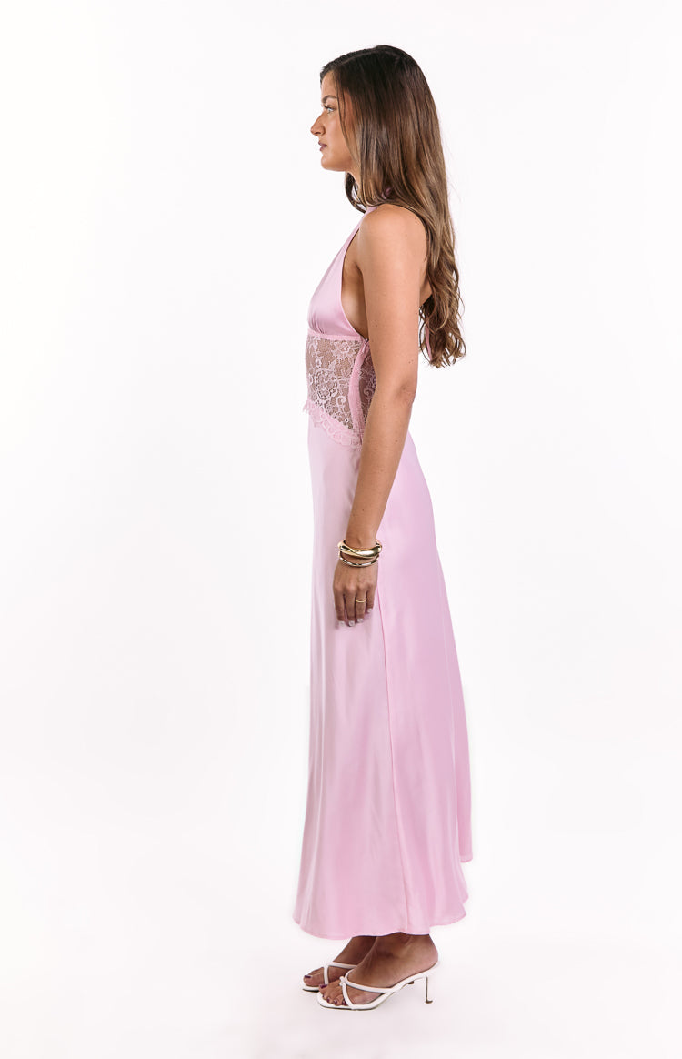 Satin Halter Neck Deep V Lace Waist Maxi Dress 4