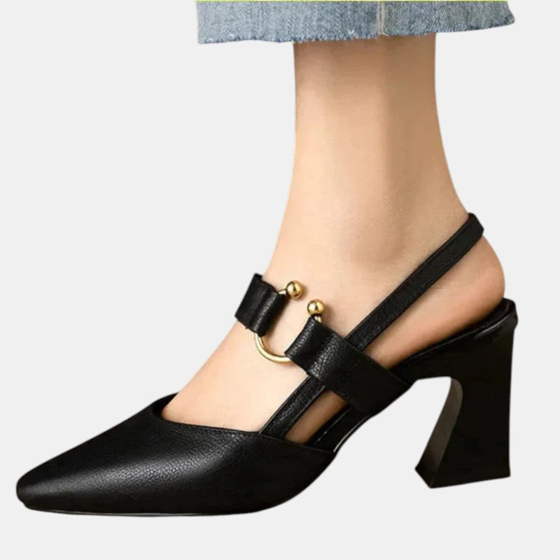 Pointed Toe Buckle Strap Slingback Block Heel Pumps