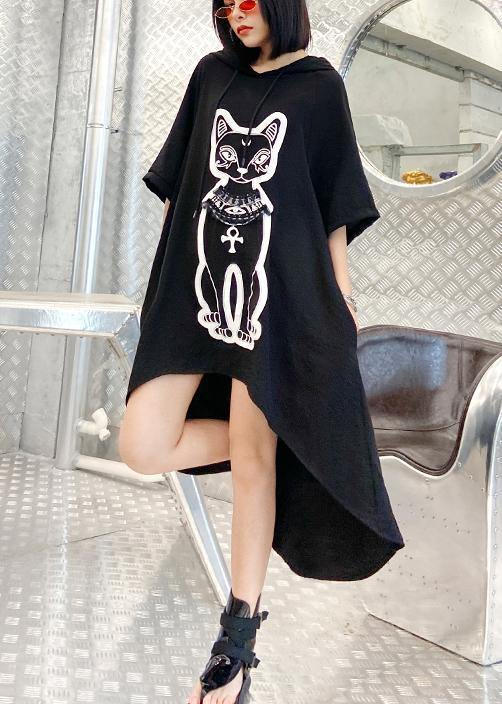 Diy Black Print Low High Design Hooded Ankle Dress Summer