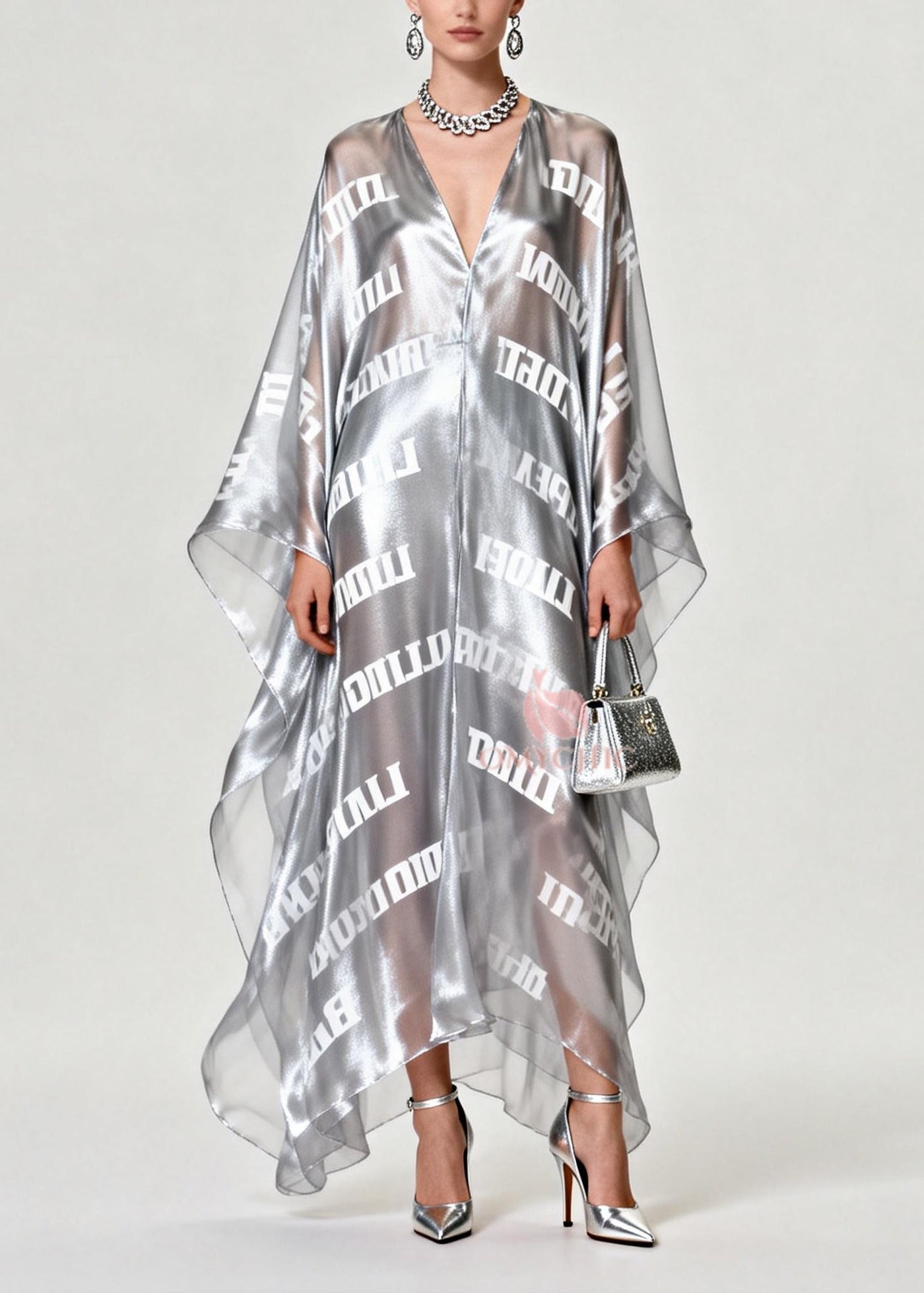 Diy Silvery Oversized Letter Print Chiffon Maxi Dress Summer 3