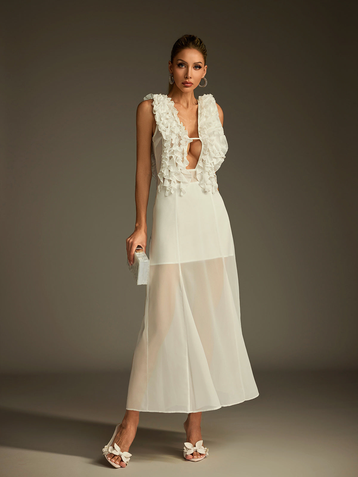 Plunge Neck Ruffle Mesh Midi Dress - View 4