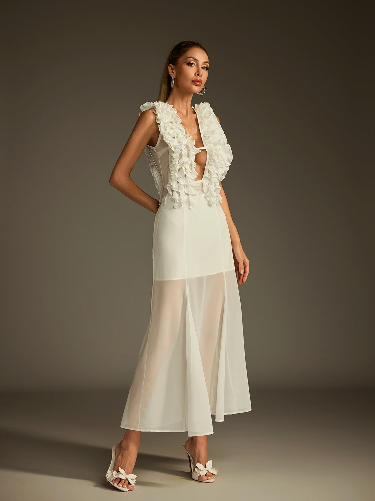 Plunge Neck Ruffle Mesh Midi Dress - View 3