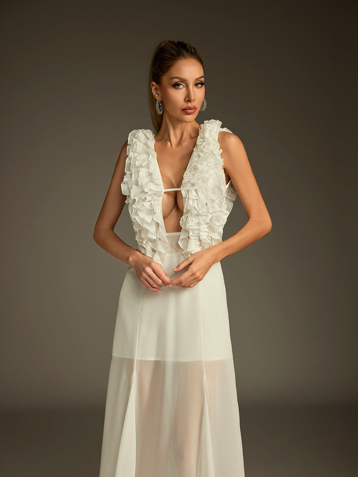 Plunge Neck Ruffle Mesh Midi Dress - View 2