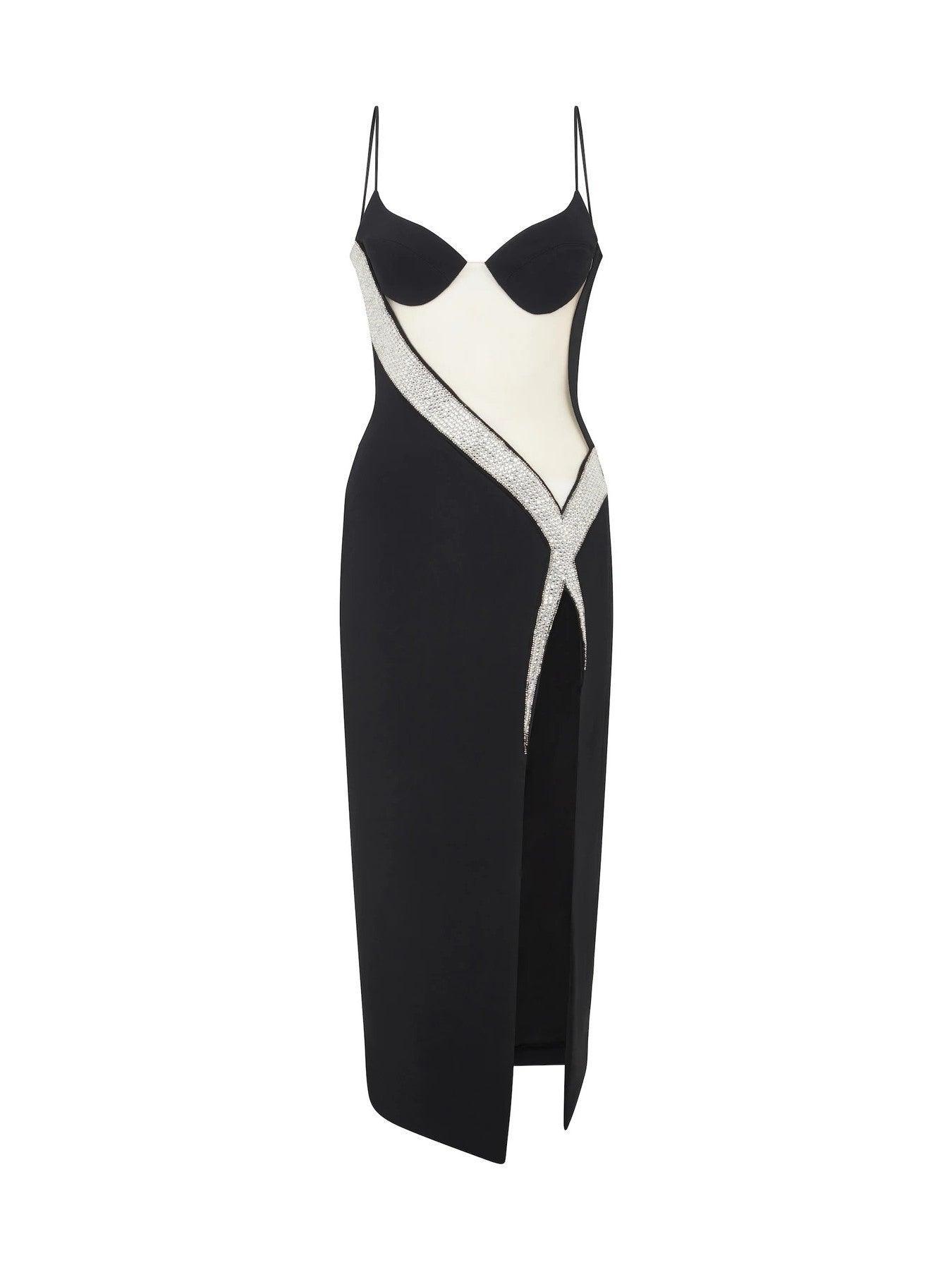 Rhinestone Mesh Panel Sweetheart Spaghetti Strap High Split Bodycon Maxi Gown