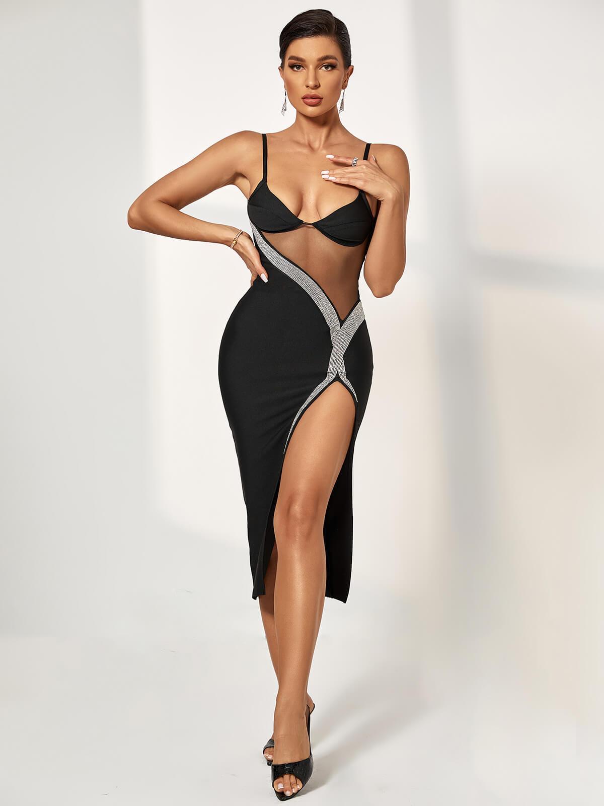 Rhinestone Mesh Panel Sweetheart Spaghetti Strap High Split Bodycon Maxi Gown