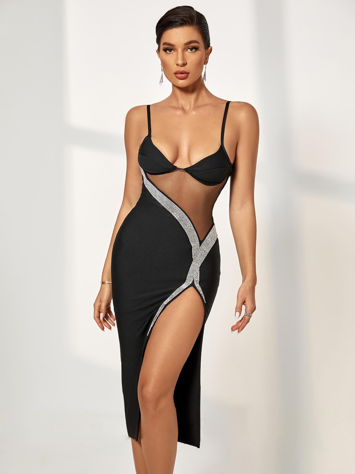 Rhinestone Mesh Panel Sweetheart Spaghetti Strap High Split Bodycon Maxi Gown