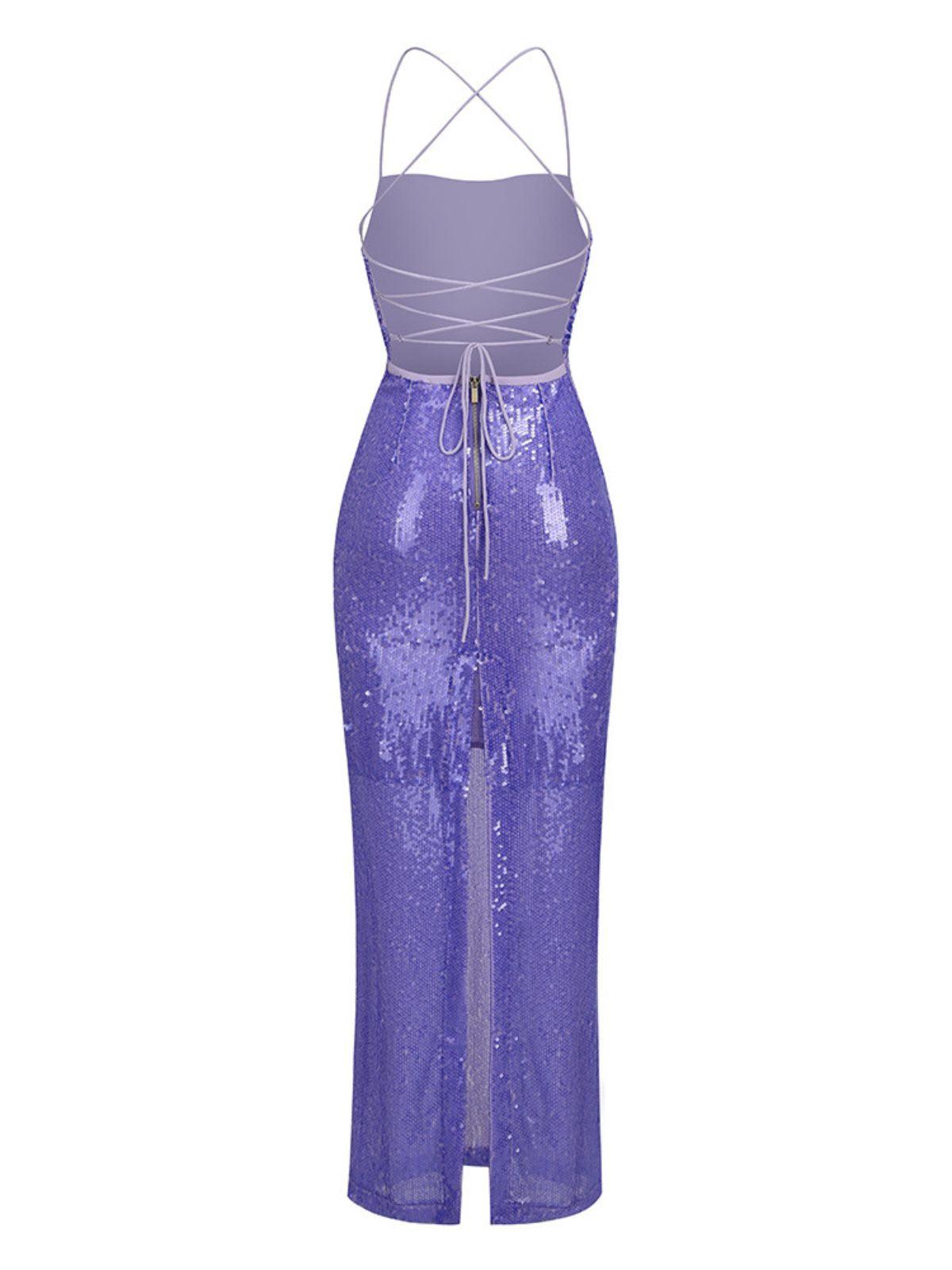 Sequin Spaghetti Strap Cowl Neck Backless Mermaid Maxi Dress