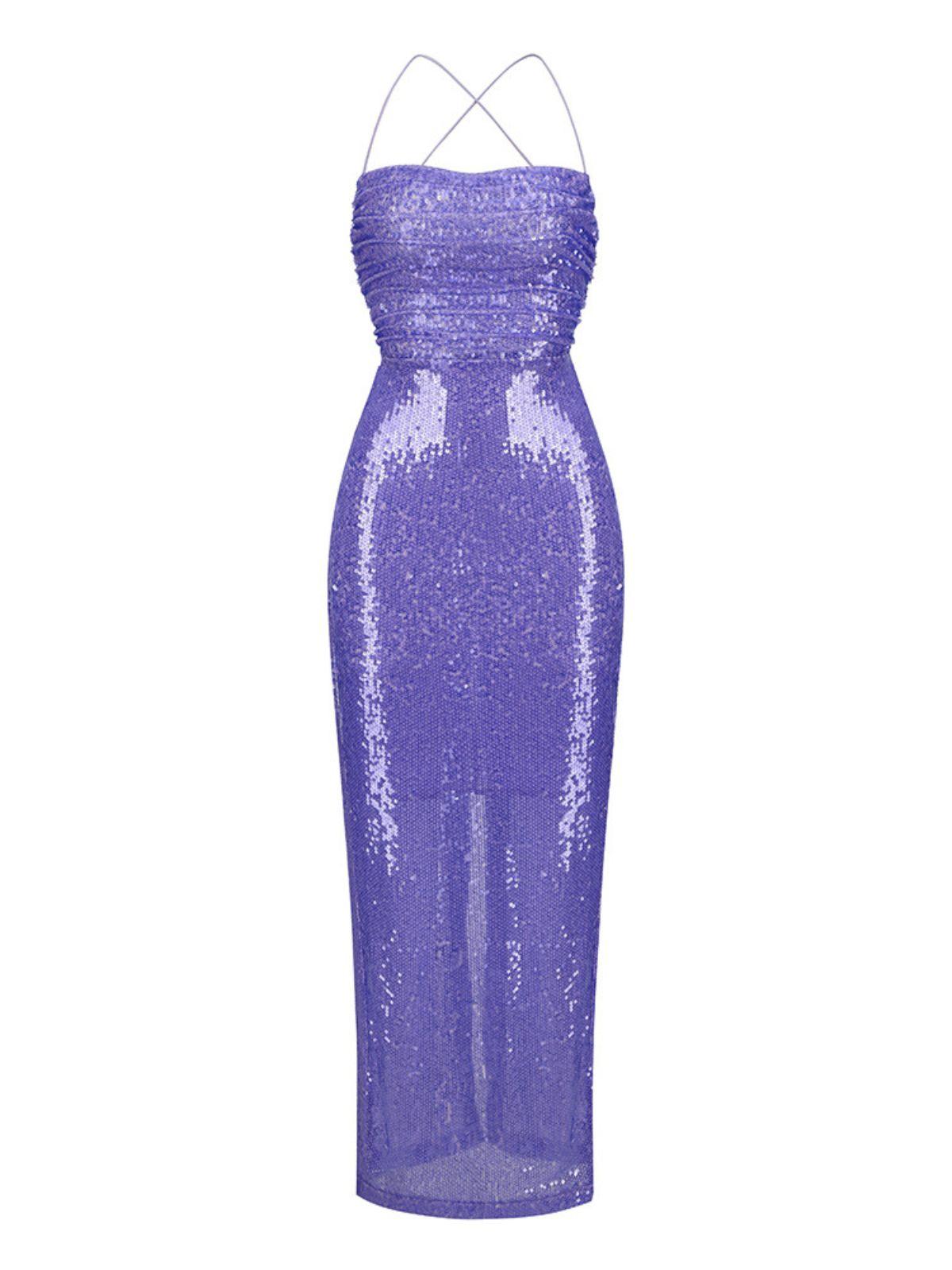 Sequin Spaghetti Strap Cowl Neck Backless Mermaid Maxi Dress