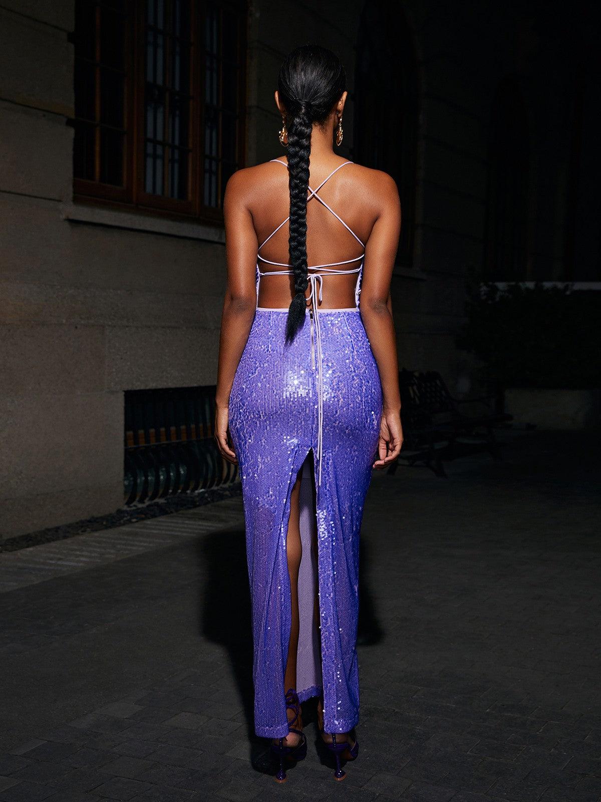 Sequin Spaghetti Strap Cowl Neck Backless Mermaid Maxi Dress