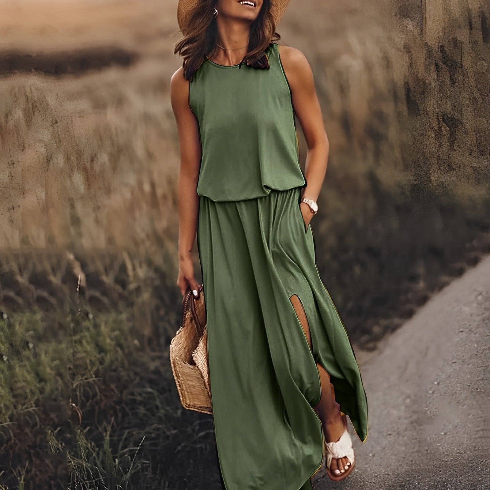 Satin Crew Neck Sleeveless High Split Maxi Summer Dress